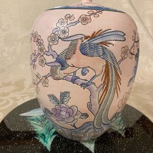 Elegant Pink and Blue Rare Vintage Japanese Porcelain Ginger Jar with lid